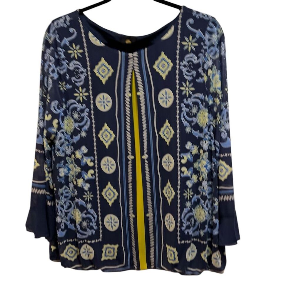 JM Collection Women's Blue and Yellow Geometric Long Sleeve Blouse Size L